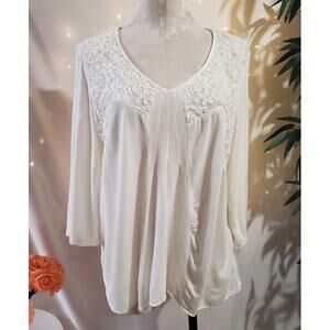 Anthro Solitaire Embroidered Lace 3/4 Sleeve Gauzy Blouse Sz 1X Cottage Prairie